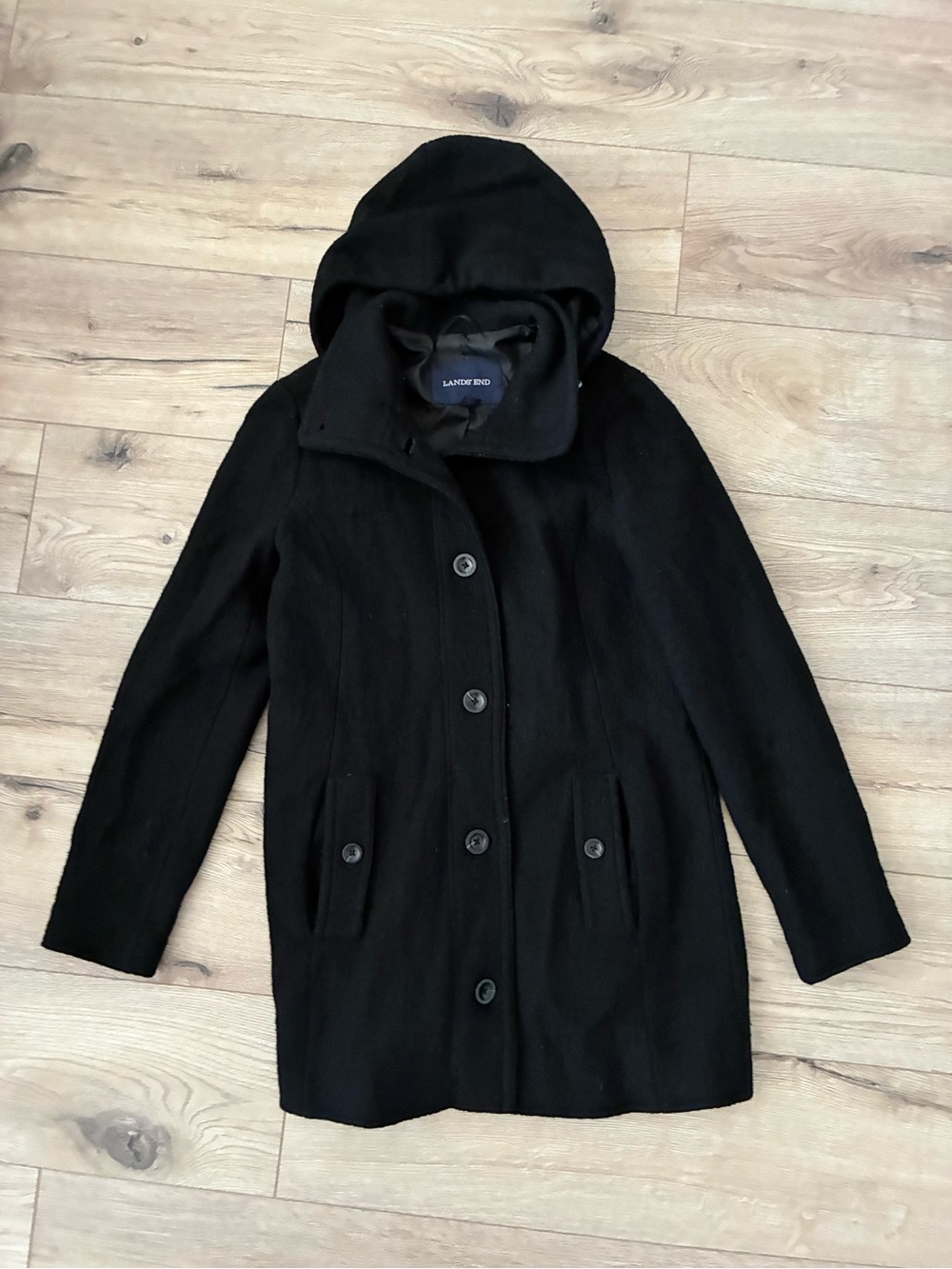 Lands’ End Black Wool-Blend Hooded Coat size 8